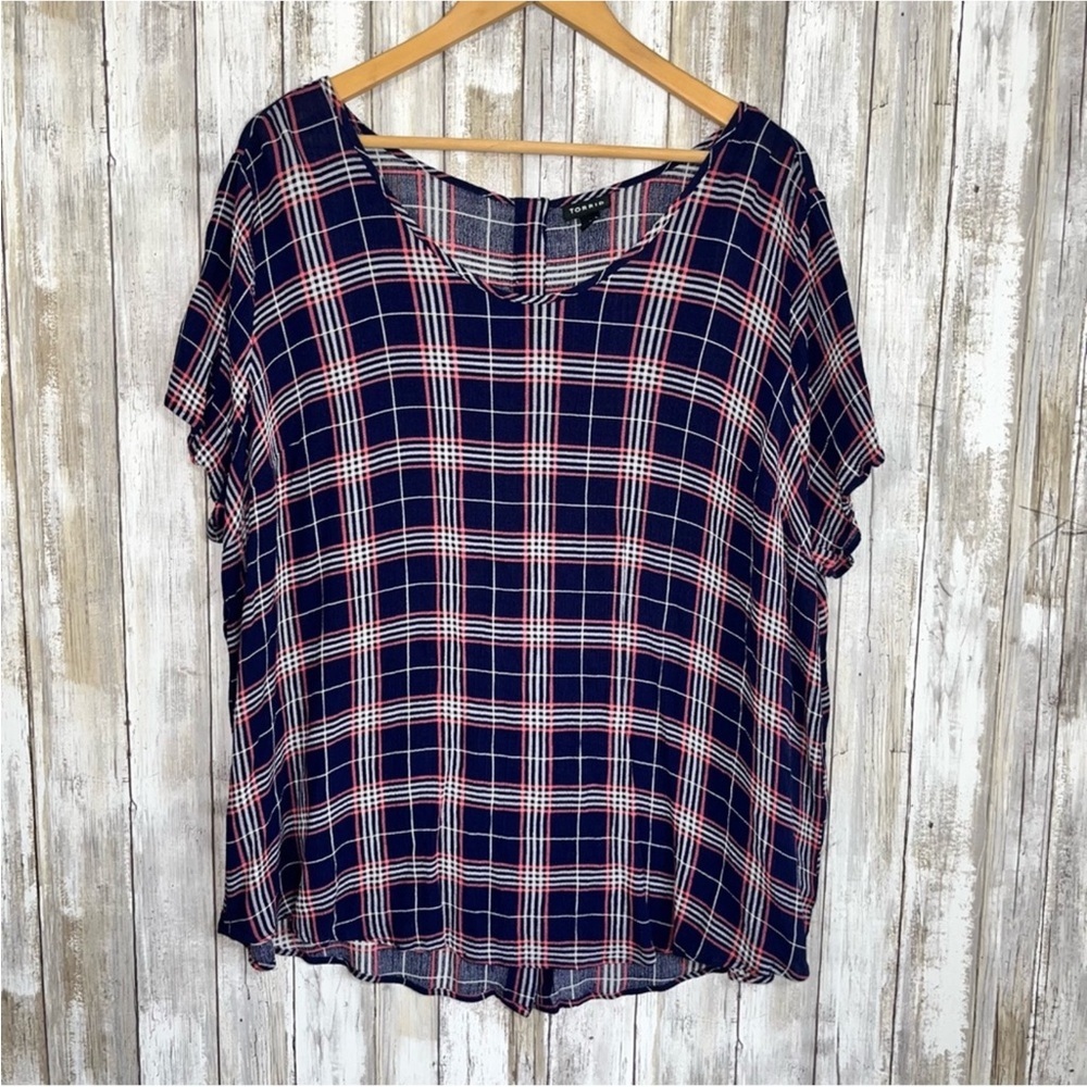 Torrid Harper Georgette Pullover Flutter Blouse in blue, pink, and white plaid
